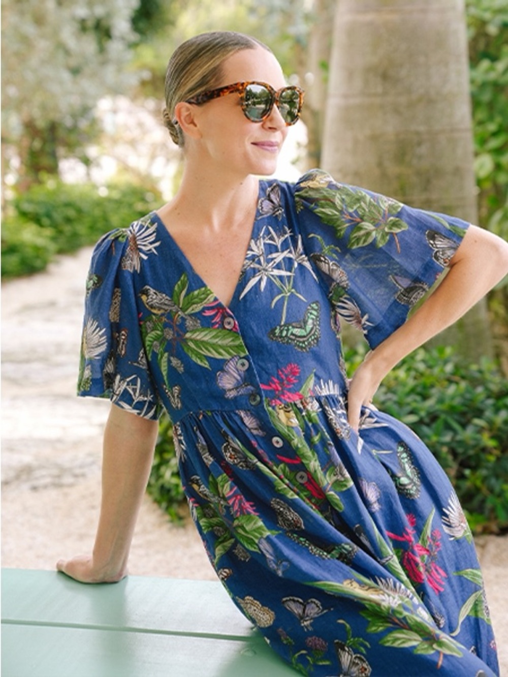 J. Mclaughlin Annora Linen Jardin Mariposa Floral Button up Sleeve Midi Dress M - Picture 2 of 11